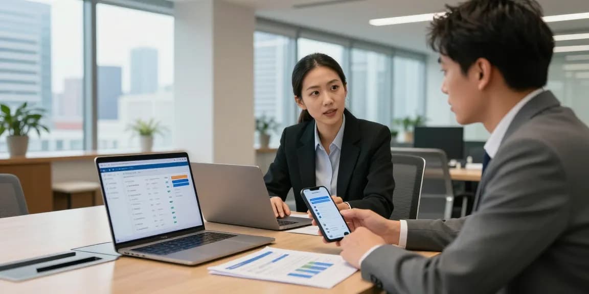 Interaction sur les solutions de digital banking dans un bureau moderne.