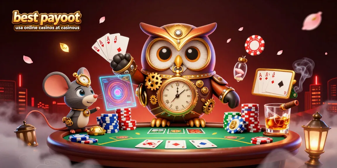 Engage with the best payout USA online casinos at Casinous through a magical steampunk scene, featuring an owl and mouse among vibrant poker elements.