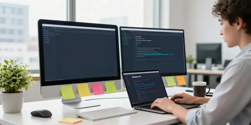 Pikashow Pro workspace with developer coding on laptop and vibrant city view.