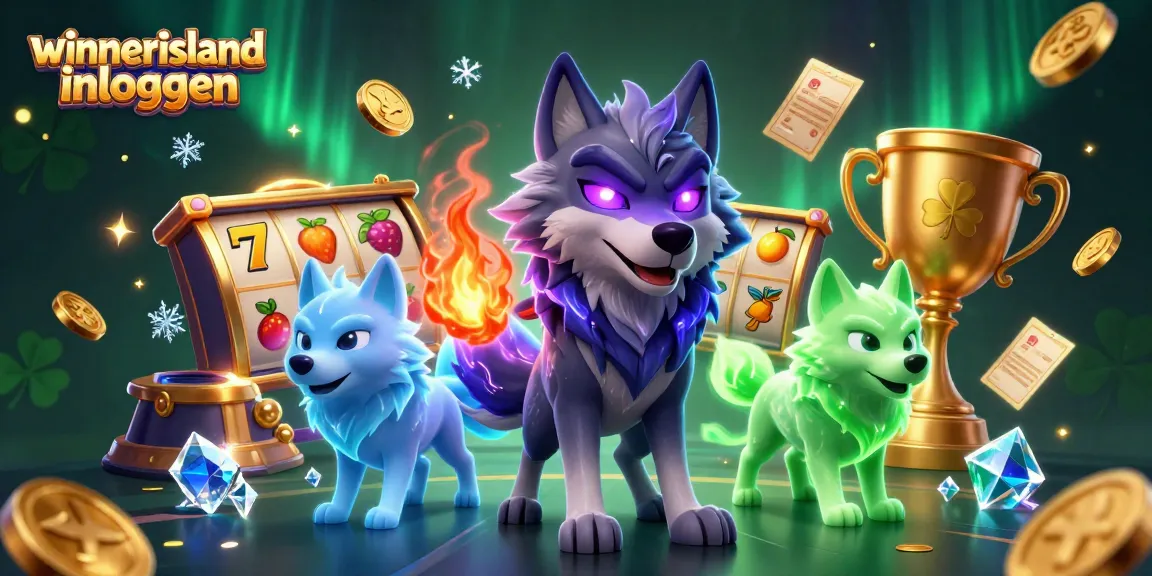 Experience the thrill with winnerisland inloggen, showcasing slot reels and a dynamic wolf pack in an engaging casino scene.
