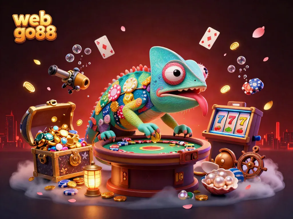 Experience excitement at web go88 with a vibrant casino illustration featuring a chameleon owner and dynamic game elements.