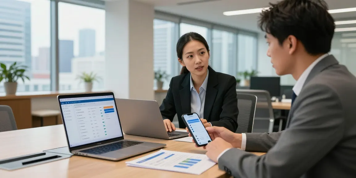 Interaction sur les solutions de digital banking dans un bureau moderne.