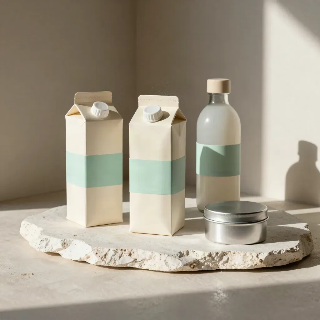 Drie verpakkingsprototypes op een kalkachtige ondergrond met mint accent in warm studiovak.