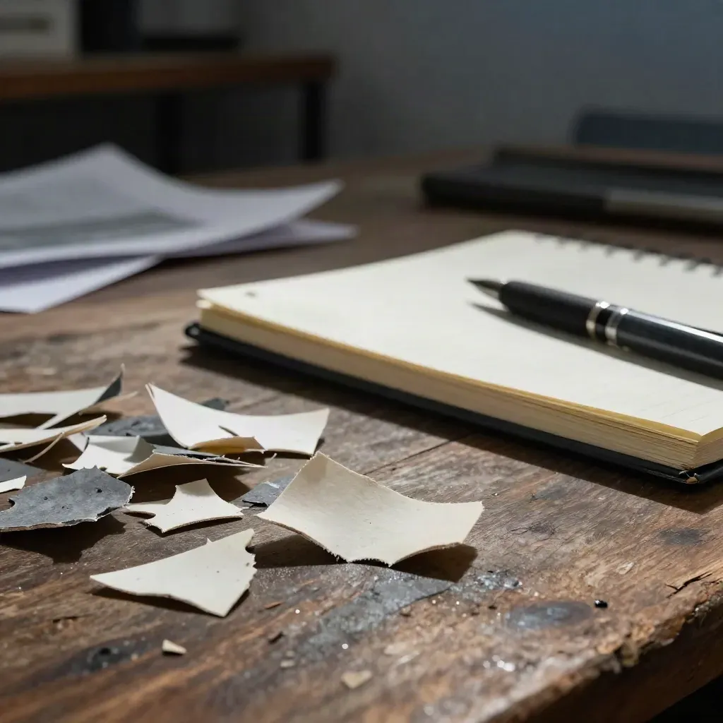 Papieren slogansnippers, halfgesloten notitieboek en donkere inktpen op walnoothout.