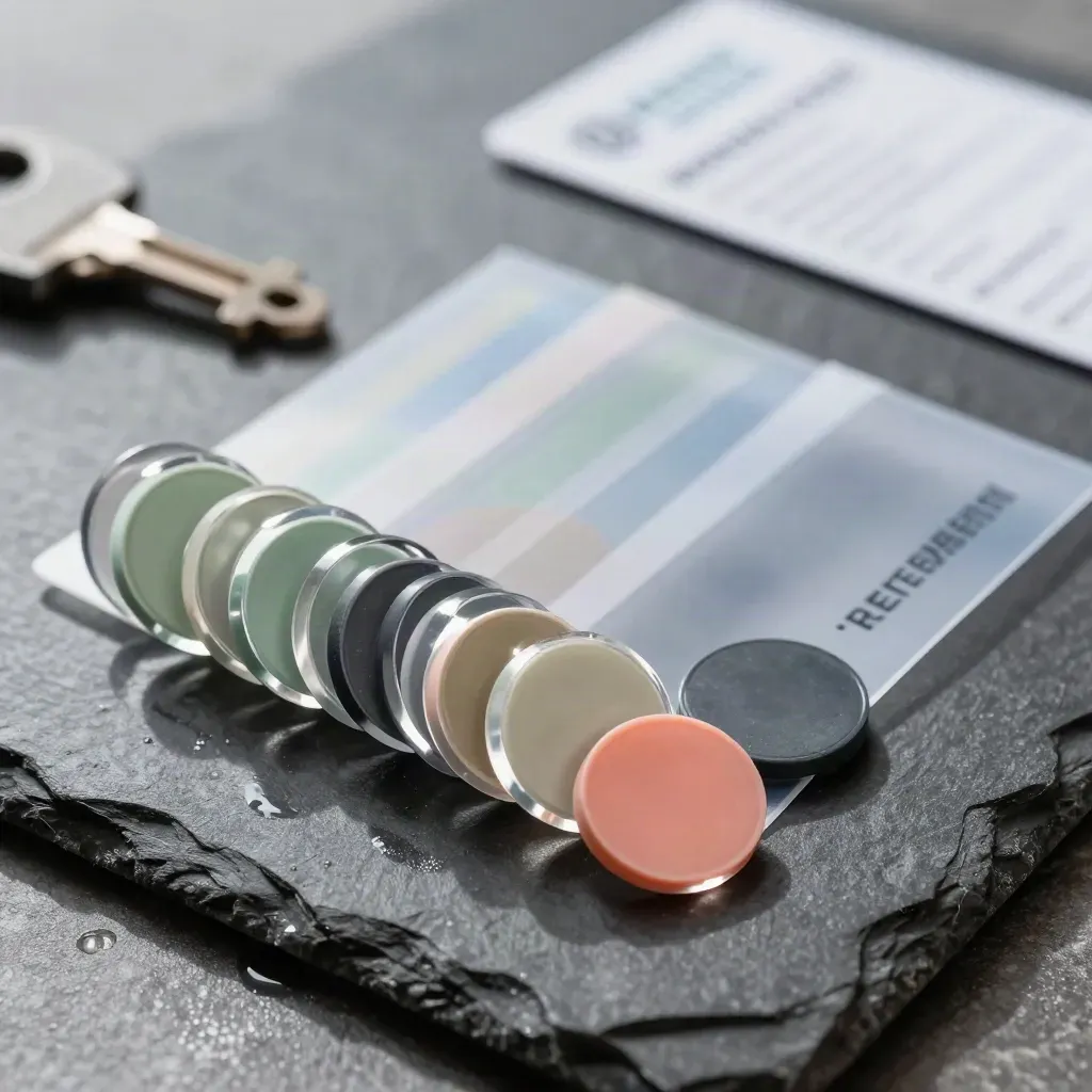 Transparante domeintokens met afgesloten sleeves en mint markeersteen op donker leisteen.
