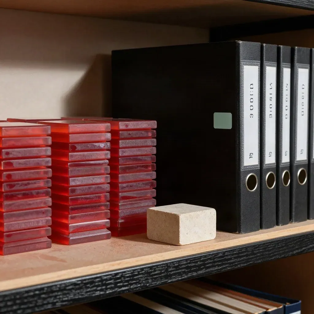 Rode risico-tokens, zwarte mappen en een stenen blok op een matte plank met mint accent
