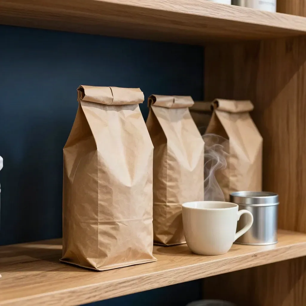 Drie koffiezakken, een kopje en een sampleblik op een warme houten plank met stoom.