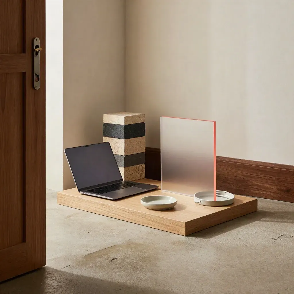 Bovenaanzicht van een softwarelaunchhoek met gesloten laptop, blokken en matte acryltegel.