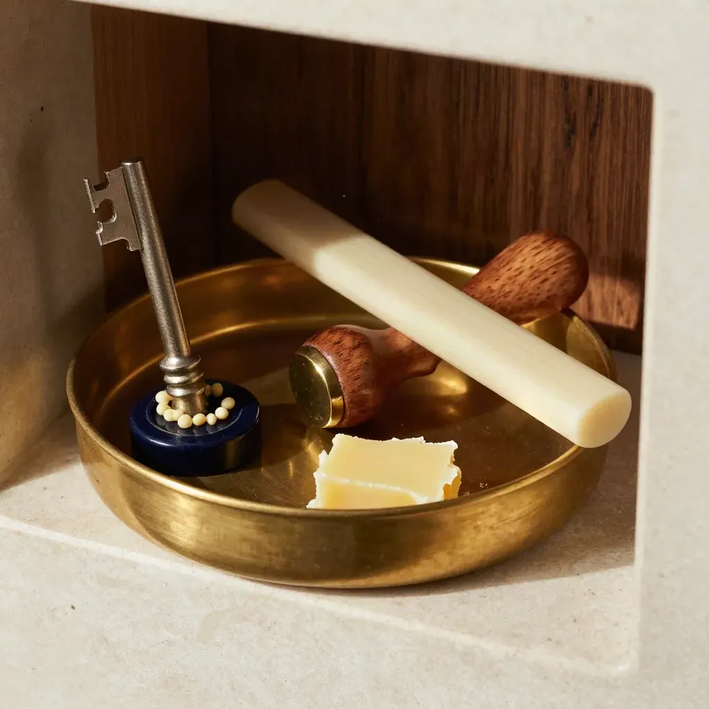 Messing type-tray, bone folder en waxsealset in een diepe eiken nis met dramatisch licht