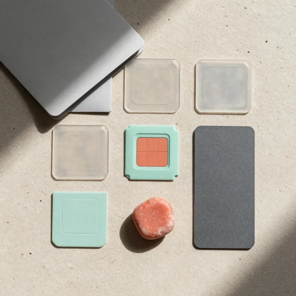 Bovenaanzicht van toetsing met sleeve, mint chip en rode afwijssteen op beton.