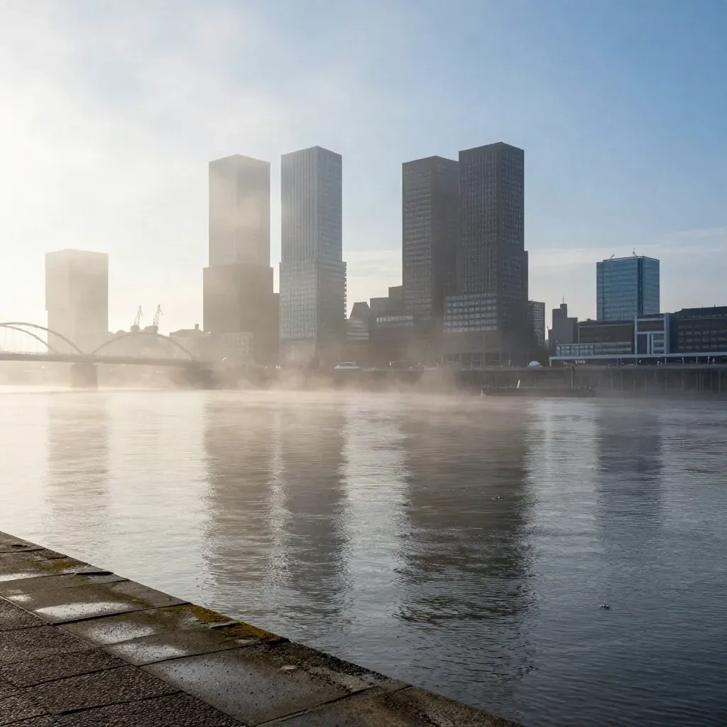 Mistige skyline van Rotterdam boven stil rivierwater bij zonsopkomst