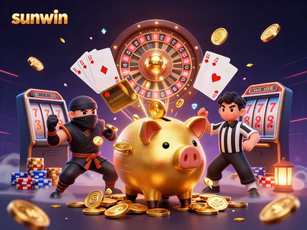 Experience the thrilling action of sunwin with dynamic casino characters amidst a cascade of golden coins and vibrant gaming elements.