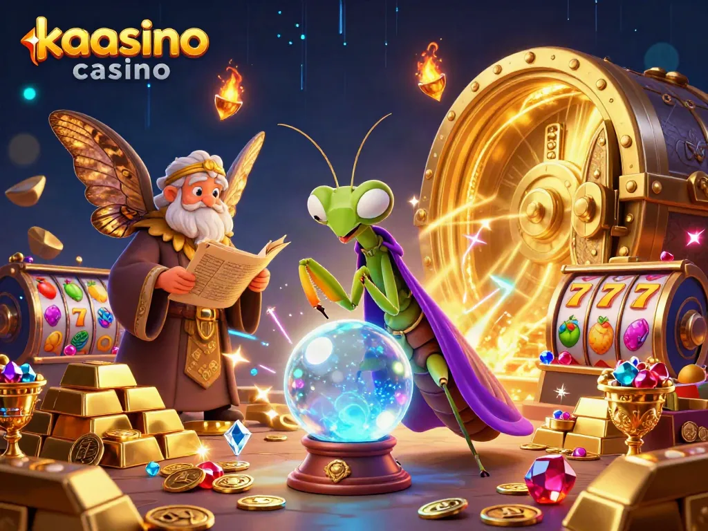 Kaasino casino captivates with a dynamic 3D illustration showcasing a fortune teller, librarian, and slot symbols.