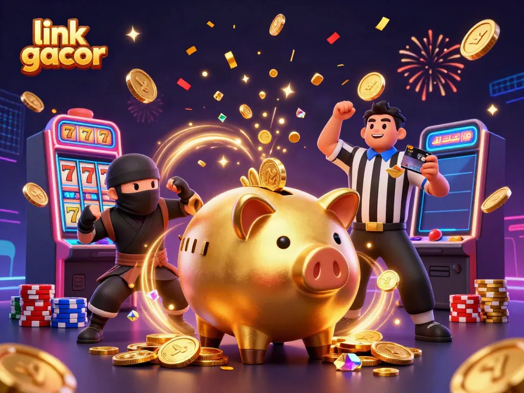 Engaging scene of link gacor characters, a golden piggy bank sumo wrestler, wallet-ninja, and credit-card samurai, surrounded by festive casino elements.