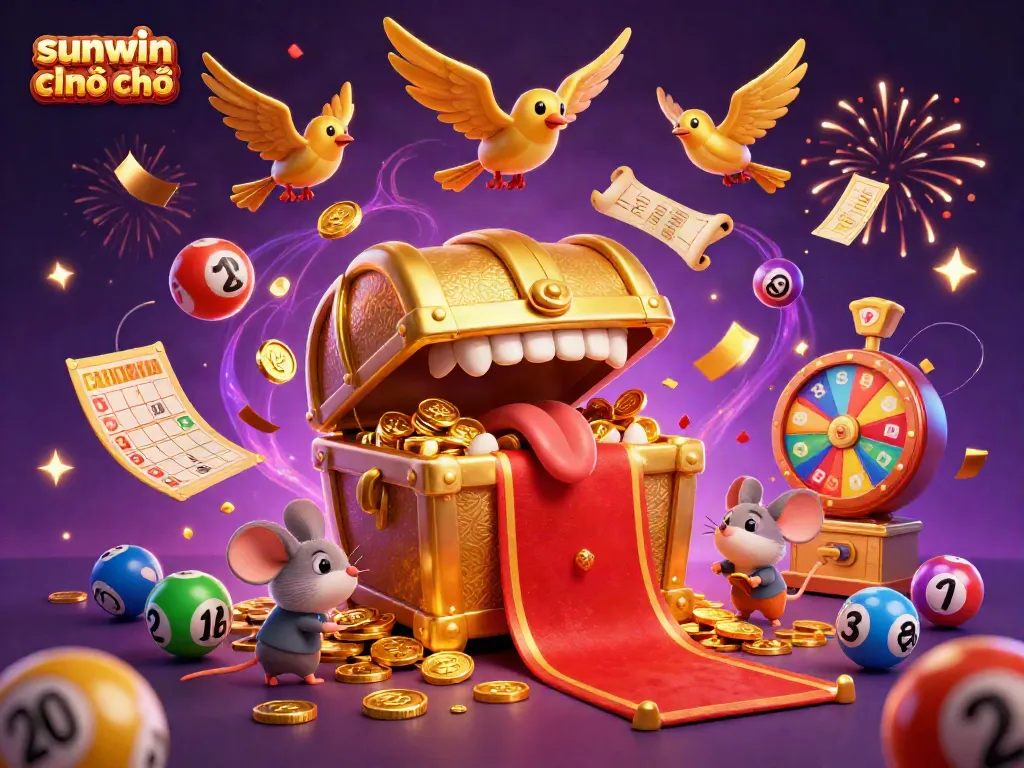 Engage with sunwin chính chủ through an exciting treasure-themed online casino illustration showcasing animated 3D characters and colorful lottery game elements.