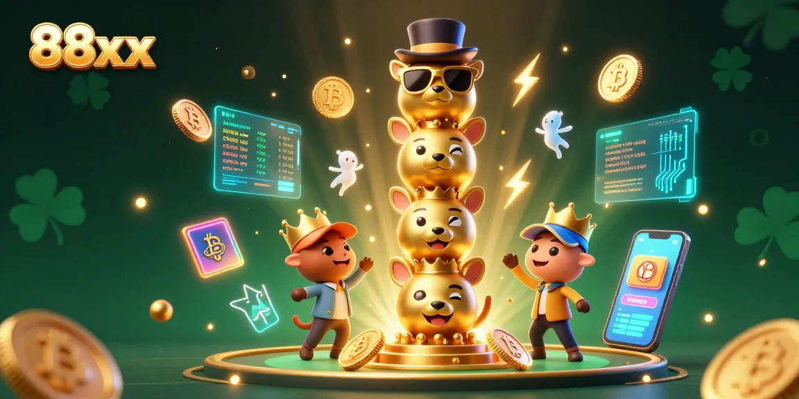 Engage with the vibrant world of 88xx in this dynamic 3D casino scene featuring a golden totem pole and crypto-themed elements.
